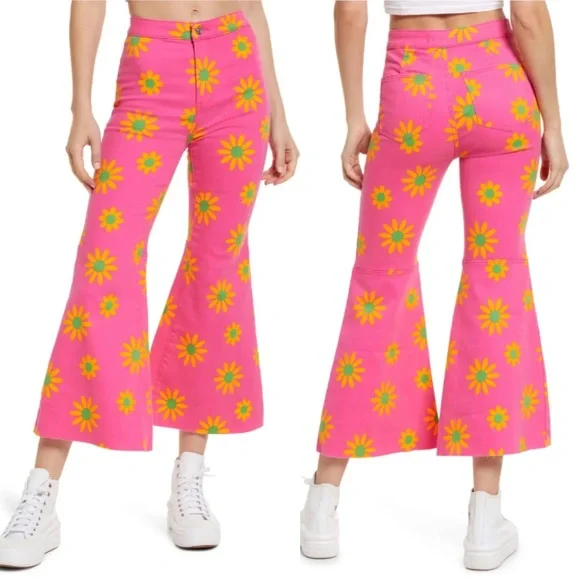 Free People Youthquake Sunflower Printed Crop Flare Pant Lipstick Pink 28 NWT - Picture 11 of 11